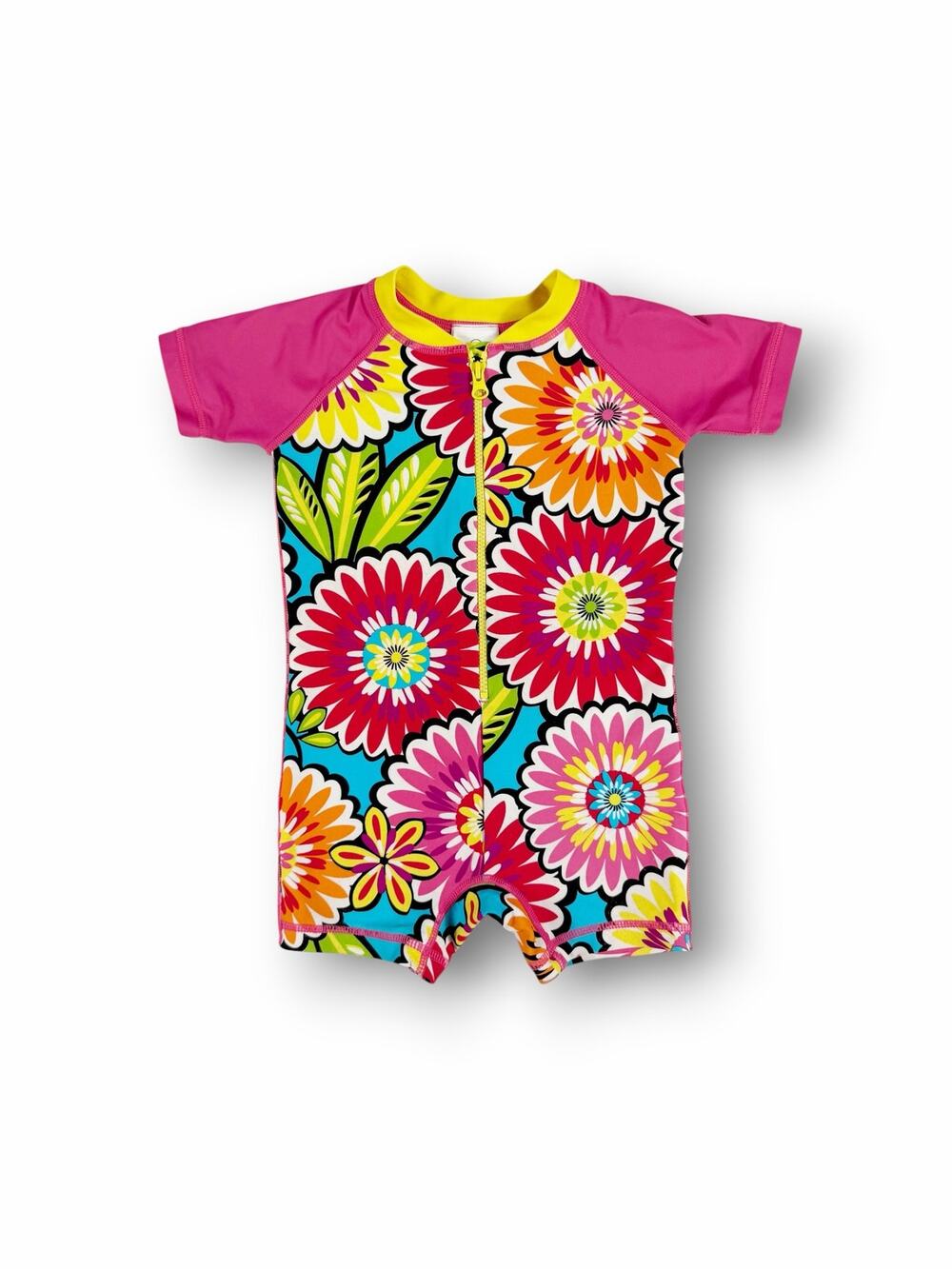 Hanna Andersson Floral Short Sleeve Zip Rash Guard Swimsuit Size 6-12 months